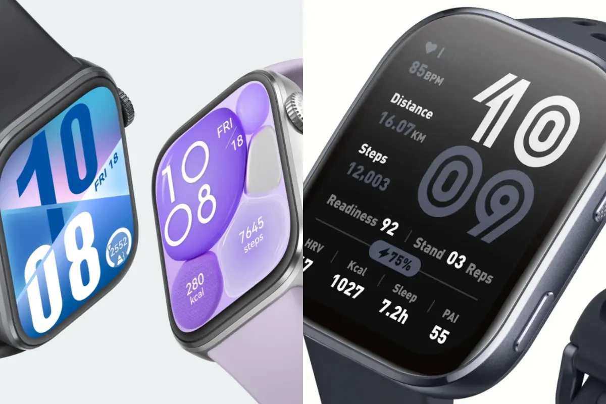 Ilustrasi perbandingan smartwatch Amazfit BIP 6 vs Huawei Watch Fit 4. (Sumber: Amazfit dan Huawei)