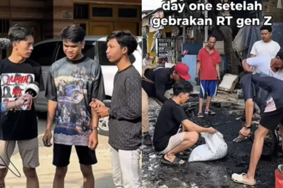 Sahdan Arya Maulana (tengah) bersama Vemmas Wahyu Rianto dan Riski Saputra saat proses pengecoran jalan rusak di Rawa Badak Selatan, Jakarta Utara. (Sumber: Tiktok/@rusaput1h)