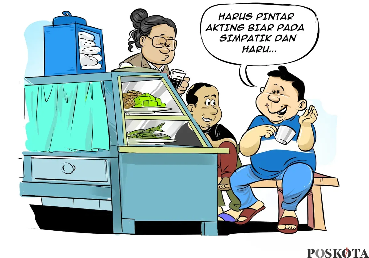 Ilustrasi tiga orang di warung kopi, salah satunya berkata, “Harus pintar akting biar pada simpatik dan haru...” Kartun ini menyindir perilaku pencitraan demi menarik simpati publik. (Sumber: Poskota/Arif Setiadi)