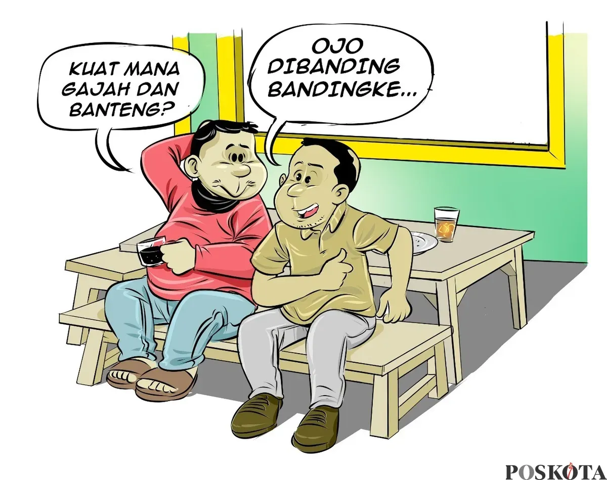 Dua pria tengah ngobrol santai di warteg membahas perbandingan antara gajah dan banteng. Salah satu dari mereka menanggapi dengan guyon khas: "Ojo dibanding-bandingke..." yang artinya, jangan dibanding-bandingkan. (Sumber: Poskota/Arif Setiadi)