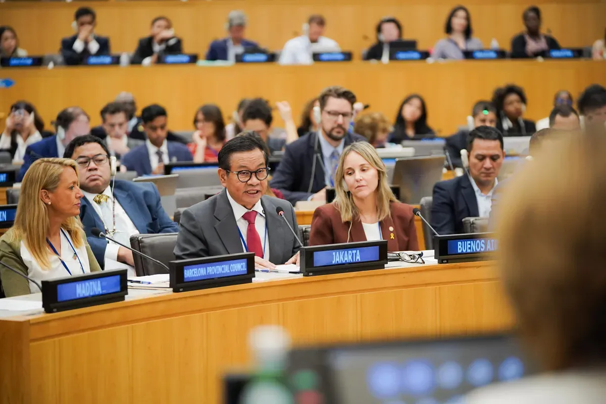 Gubernur Jakarta Pramono Anung saat menghadiri High-Level Political Forum: Local and Regional Governments Forum yang diselenggarakan di Markas Besar PBB, New York, Rabu, 16 Juli 2025. (Sumber: Kominfotik Pemprov Jakarta)