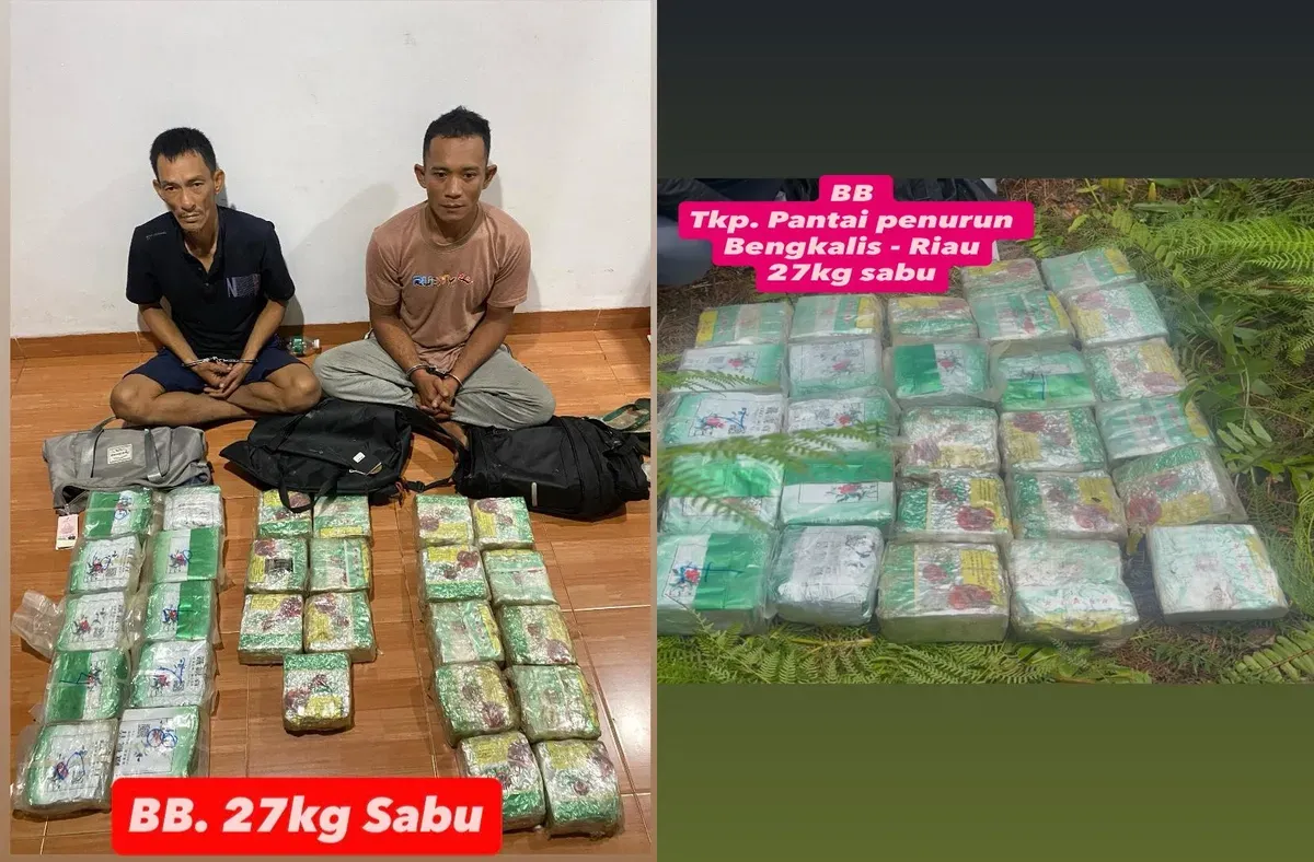 Direktorat Tindak Pidana Narkoba Bareskrim Polri menangkap dua pelak kasus penyelundupan narkotika jenis sabu seberat 27 kilogram dari jaringan Malaysia-Indonesia. (Sumber: Bareskrim Polri)