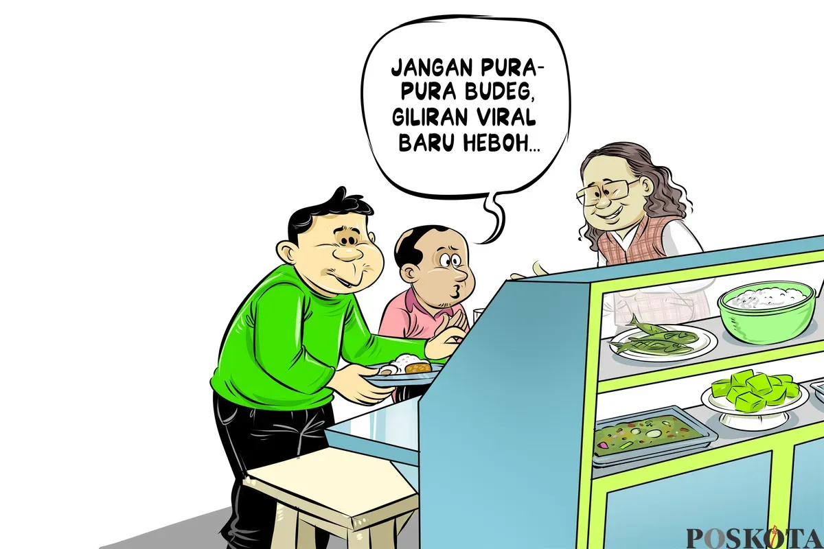 Dua pria tengah berbincang santai di warteg sambil menyantap makanan. Salah satu dari mereka menyindir pejabat dengan kalimat, "Jangan pura-pura budeg, giliran viral baru heboh." (Sumber: Poskota/Arif Setiadi)