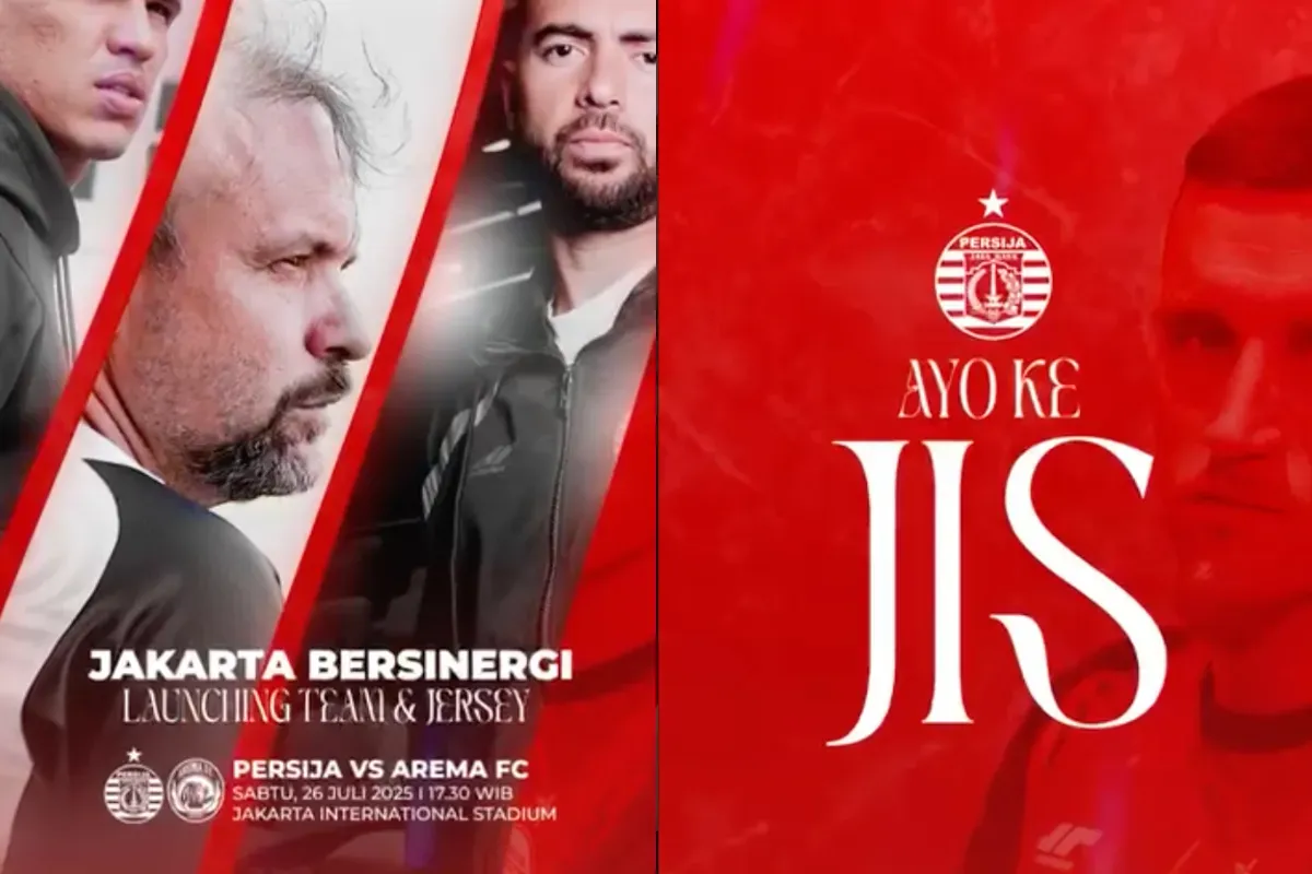 Ilustrasi launching tim dan jersey baru Persija untuk Super League Indonesia 2025/2026 sekaligus laga uji coba lawan Arema FC. (Sumber: Instagram/@persija)
