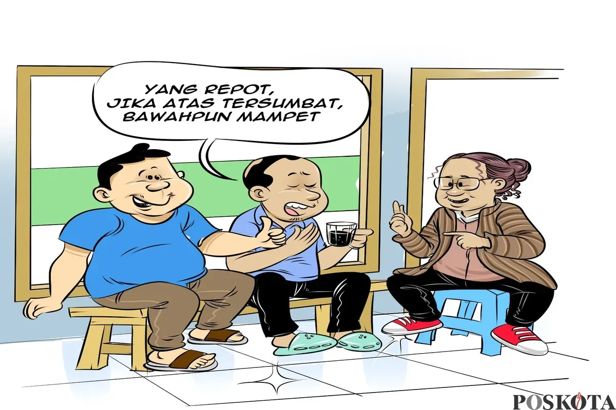 Tiga sahabat asyik berdiskusi santai di warteg sambil menyeruput kopi. Salah satu dari mereka melontarkan sindiran cerdas: “Yang repot, jika atas tersumbat, bawahpun mampet.” (Sumber: Poskota/Arif Setiadi)