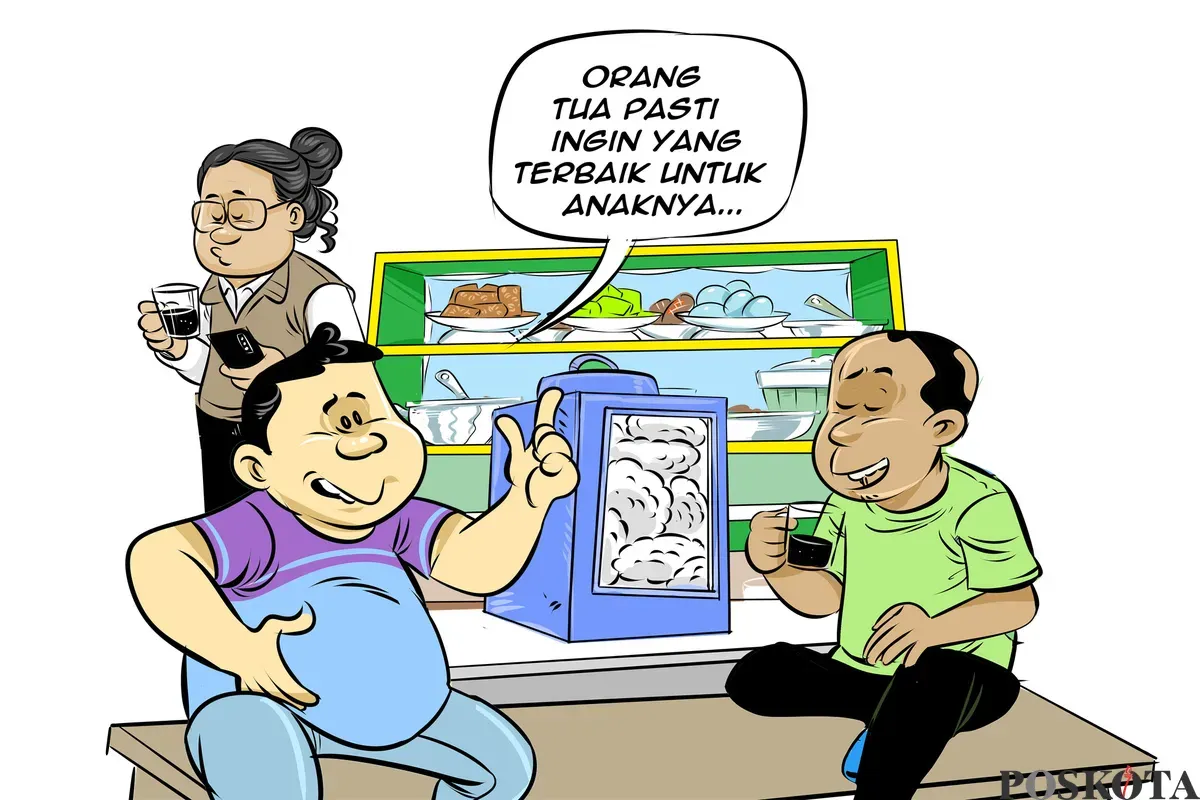 Dua pria berbincang santai di warteg sambil menyeruput kopi, membahas perjuangan orangtua demi anak. Di latar belakang, seorang lainnya berdiri sambil memegang minuman. (Sumber: Poskota/Arif Setiadi)
