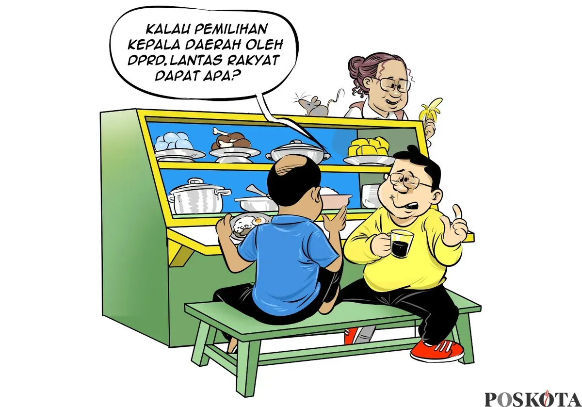 Tiga sahabat berdiskusi santai di warteg membahas wacana pemilihan kepala daerah oleh DPRD. Salah satu dari mereka mempertanyakan, “Kalau pemilihan kepala daerah oleh DPRD, lantas rakyat dapat apa?” (Sumber: Poskota/Arif Setiadi)