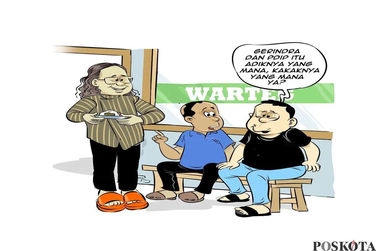 Obrolan santai di warteg membahas hubungan politik antara Gerindra dan PDIP yang diibaratkan seperti adik dan kakak. Ketiganya penasaran, siapa sebenarnya sang kakak dan siapa sang adik? (Sumber: Poskota/Arif Setiadi)
