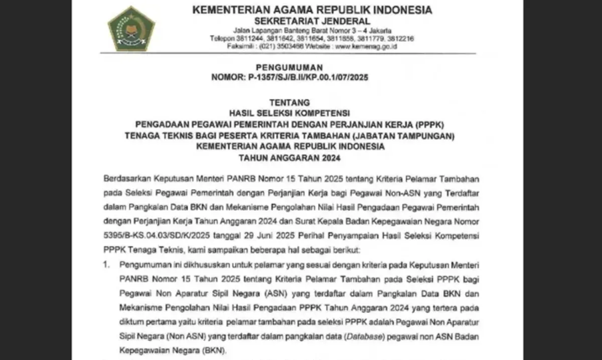 Resmi Diumumkan! Hasil Seleksi Kompetensi PPPK Kemenag Jabatan Tampungan Kriteria Tambahan (Sumber: Screenshot/kemenag.go.id)