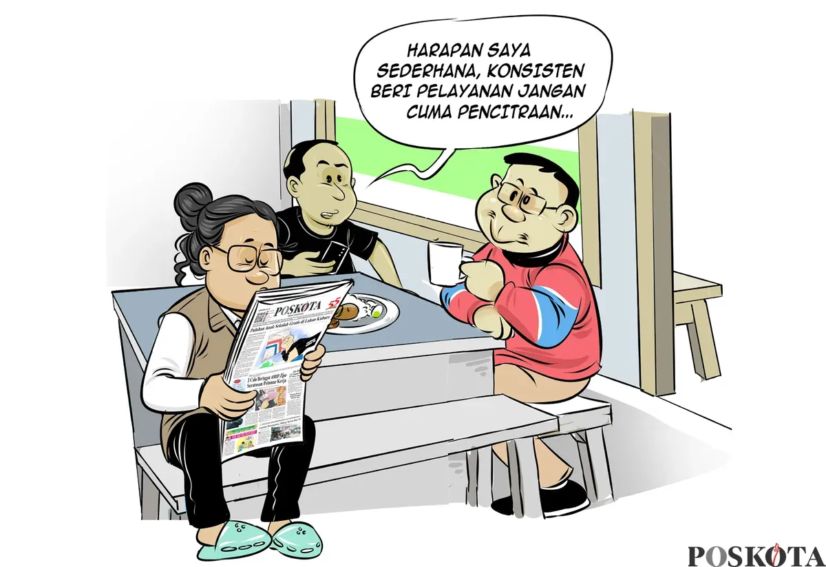 Ilustrasi obrolan warteg tiga sahabat yang menyinggung soal pentingnya pemimpin yang konsisten melayani rakyat, bukan sekadar pencitraan. Kritik tajam disampaikan sambil santai minum kopi dan membaca koran. (Sumber: Poskota/Arif Setiadi)