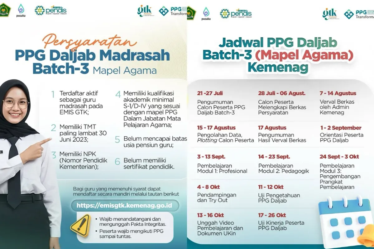 Ilustrasi persyaratan dan jadwal pendaftaran PPG Daljab Madrasah Batch 3 untuk guru mapel Agama. (Sumber: Instagram/@gtkmadrasah)