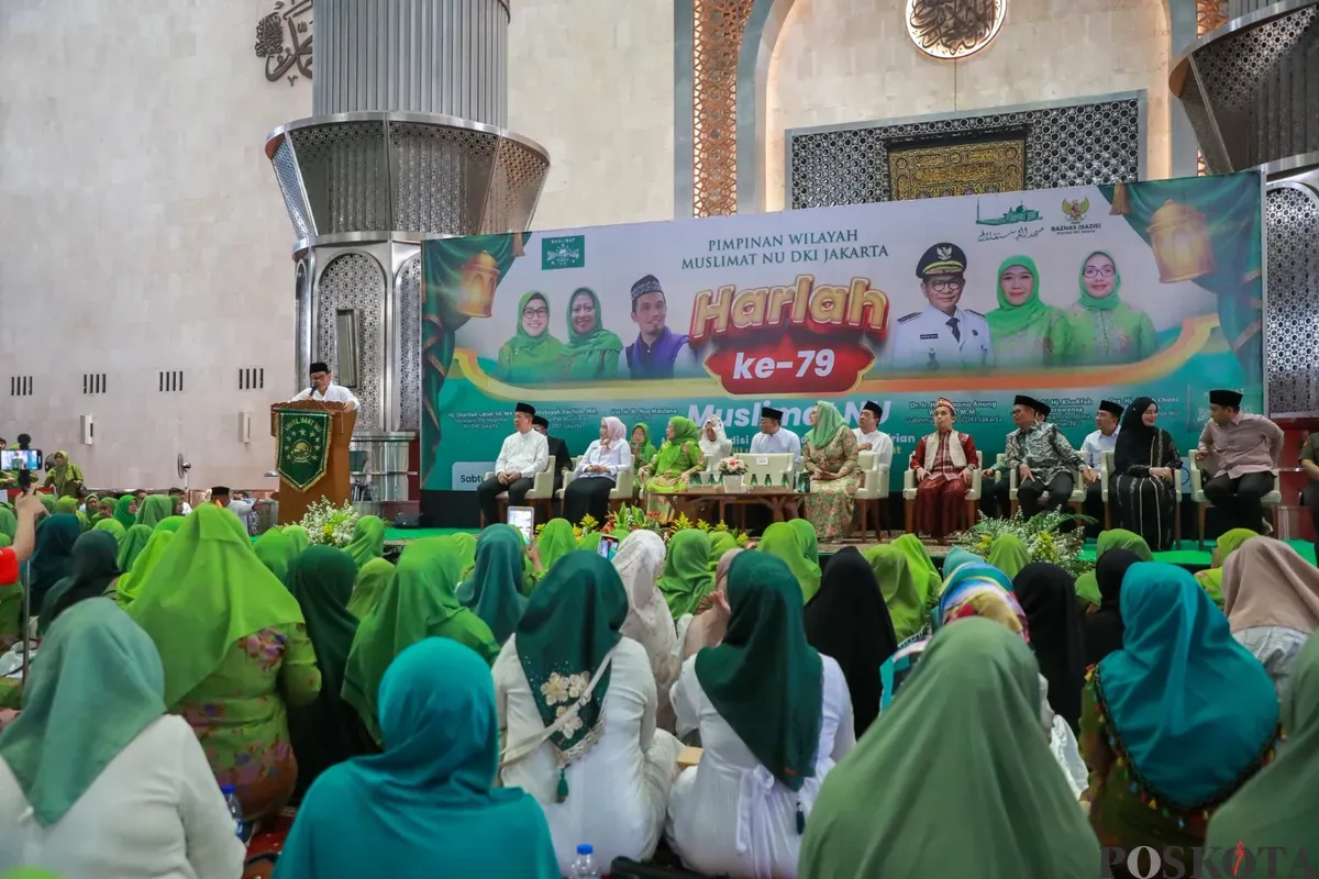 Gubernur Jakarta Pramono Anung saat menyampaikan sambutan pada acara Harlah Ke-79 Muslimat NU, di Masjid Istiqlal, Jakarta Pusat, Sabtu, 26 Juli 2025. (Sumber: Poskota/M. Tegar Jihad)