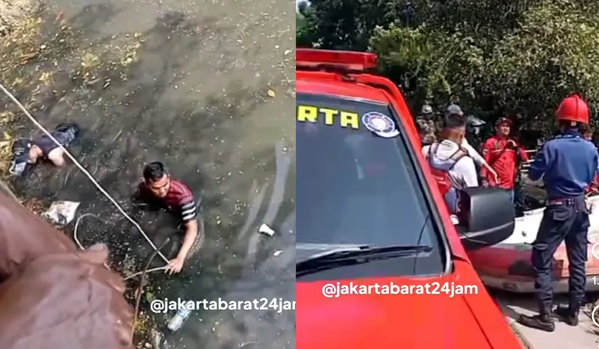 Tangkap layar proses evakuasi seorang pria yang ditemukan meninggal setelah tercebur ke Kali Cengkareng Drain, Jakarta Barat, pada Sabtu, 26 Juli 2025.