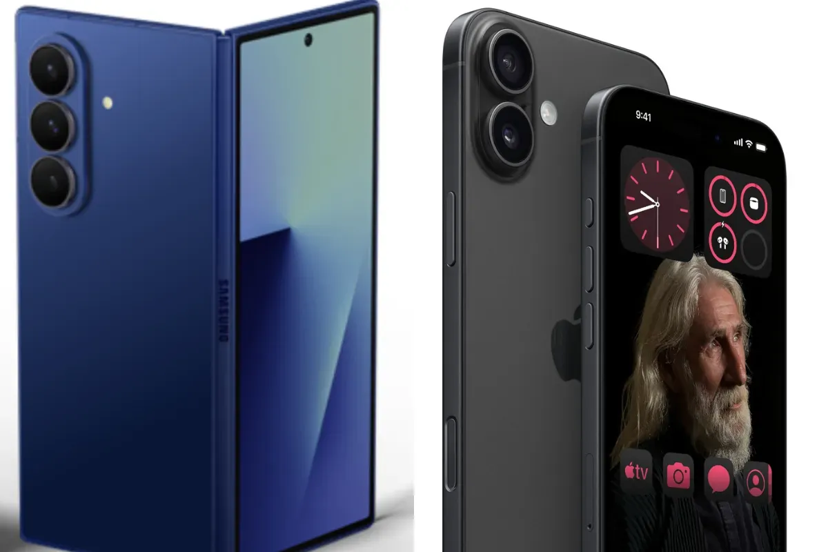 Ilustrasi perbandingan Samsung Galaxy Z Fold7 vs iPhone 16. (Sumber: Samsung dan iBox)