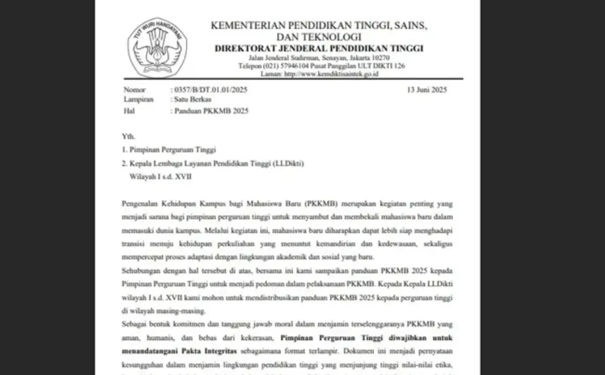 Wajib Diunduh! Panduan Lengkap PKKMB 2025 KemdiktiSaintek dan Pakta Integritas Resmi Tersedia (Sumber: Dok/kemendiktisaintek.co.id)