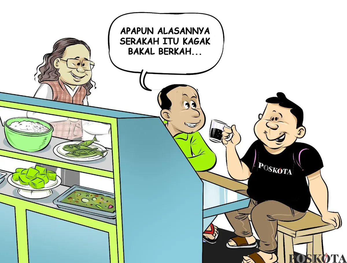Tiga orang sahabat tengah berbincang santai di warteg sambil menyeruput kopi, membahas soal keserakahan. Salah satu dari mereka menegaskan, "Apa pun alasannya, serakah itu kagak bakal berkah." (Sumber: Poskota/Arif Setiadi)