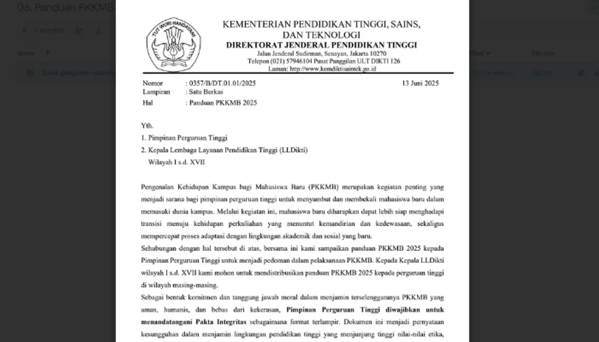 Panduan lengkap PKKMB 2025 syarat pakta integritas, link download PDF, dan aturan orientasi humanis untuk kampus. Info resmi KemendiktiSaintek. (Sumber: kemdiktisaintek.go.id)