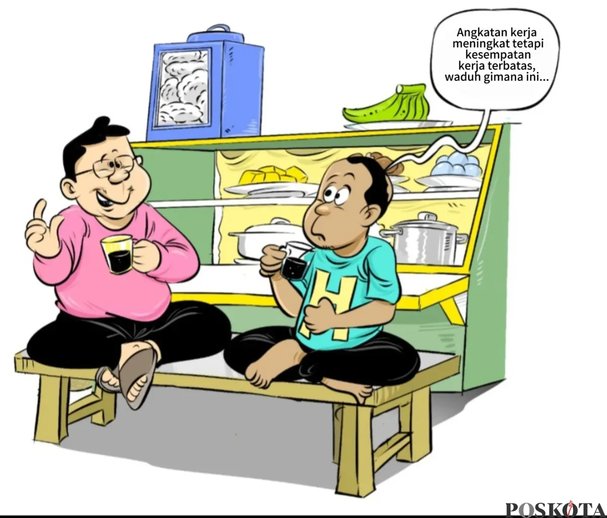 Ilustrasi obrolan warteg membahas masalah ketimpangan kesempatan kerja di tengah meningkatnya jumlah angkatan kerja. Diskusi ringan ini mencerminkan keresahan warga soal ekonomi kota yang makin sulit. (Sumber: Poskota/Arif Setiadi)