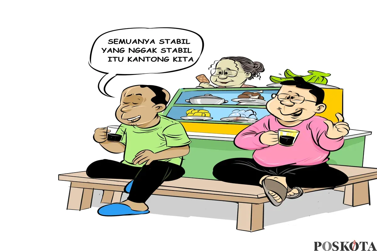 Tiga sahabat sedang menikmati kopi sambil bercanda soal kondisi stabilitas—kecuali isi kantong yang makin tipis. Obrolan ringan di warteg mencerminkan keresahan rakyat kecil di tengah situasi global yang memanas. (Sumber: Poskota/Arif Setiadi)