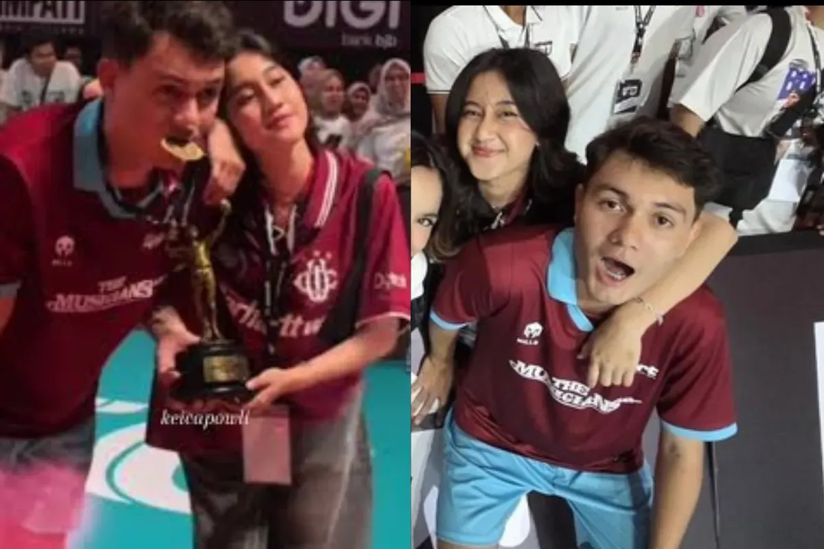 Keisya Levronka dan Nyoman Paul saat momen hangat di pertandingan Vindes 2025. Kedekatan mereka memicu rumor asmara dan menjadi viral di media sosial. (Sumber: TikTok/@kalungnyapaul)