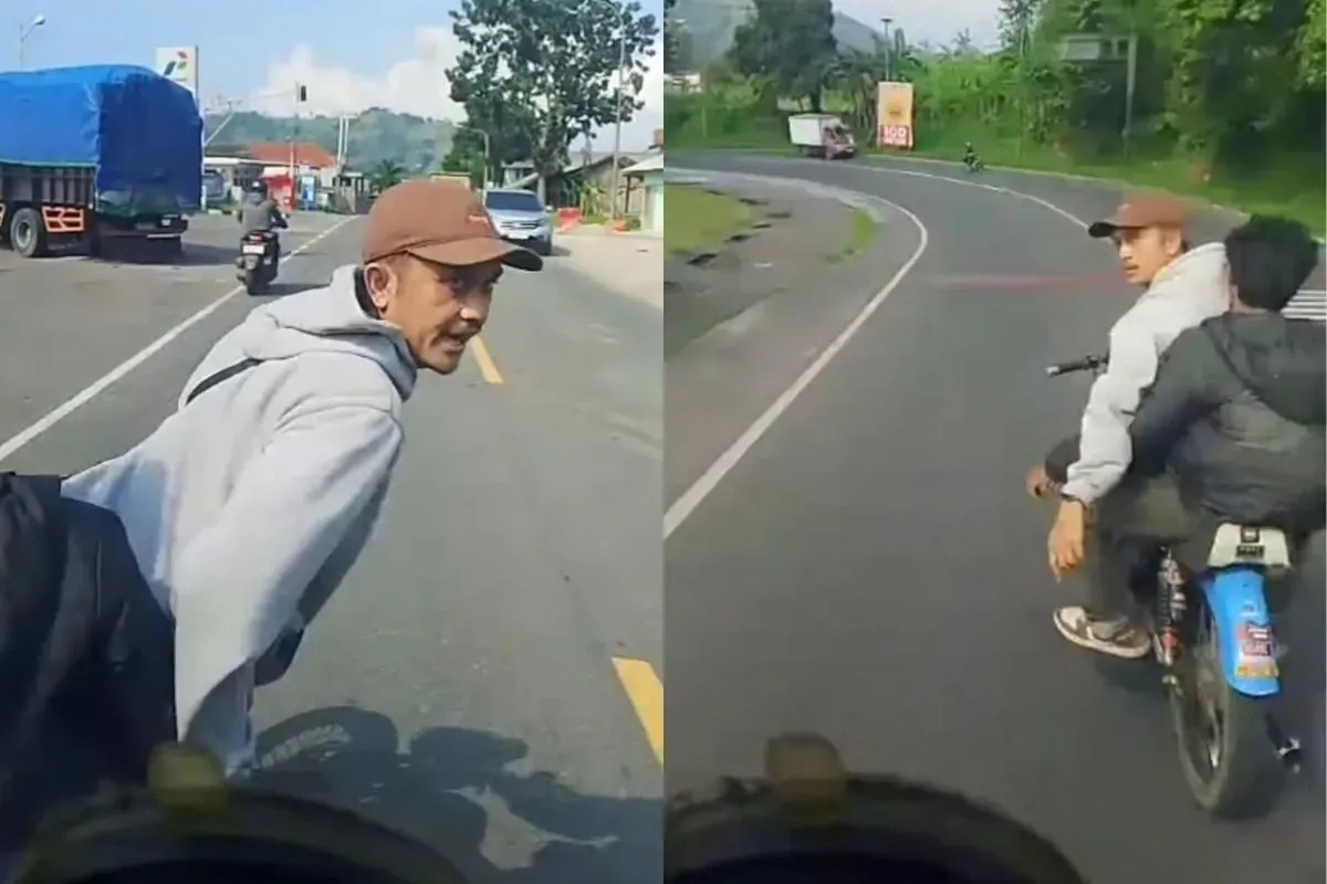 Tangkapan layar video viral pengendara motor stop sopir truk di Jalan Raya Bandung-Garut. (Sumber: Istimewa)