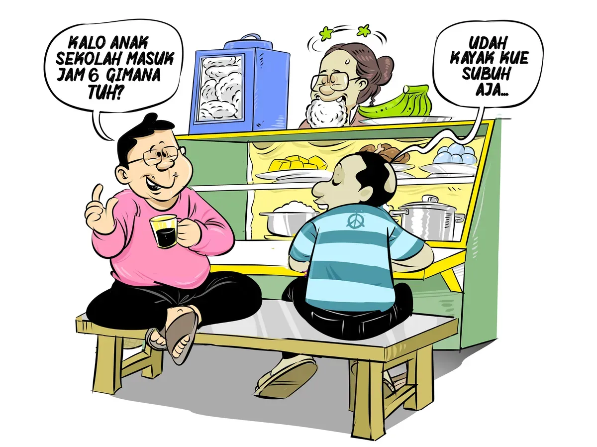 Bapak-bapak sedang ngobrol santai di warteg sambil membahas jam masuk sekolah yang terlalu pagi. (Sumber: Poskota/Arif Setiadi)