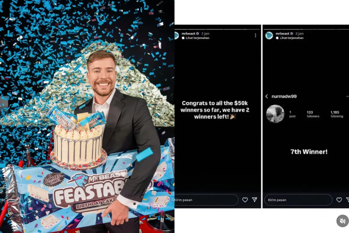 Seorang wanita Indonesia menjadi pemenang giveaway Mr Beast senilai Rp800 juta. Akun Instagram aslinya, @nurmadw99, sempat diposting oleh Mr Beast namun kemudian di ban dan hilang. (Sumber: X/whoopziiy)