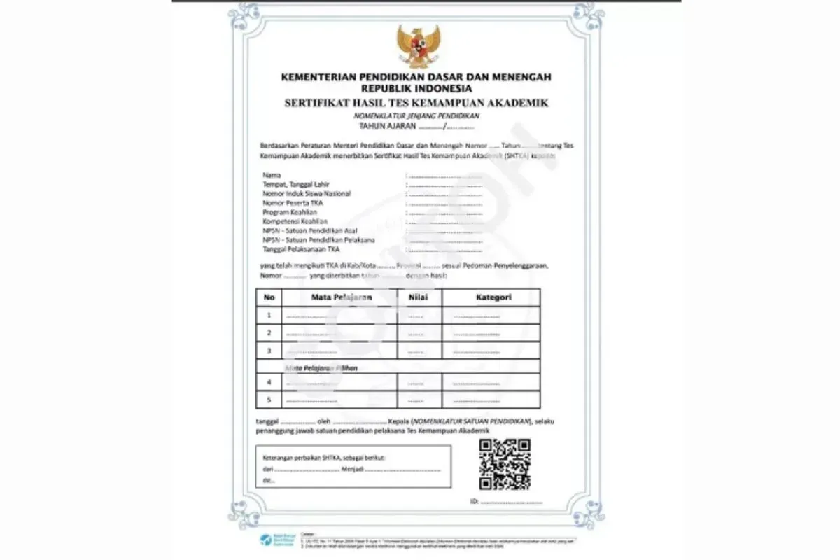 Ilustrasi sertifikat TKA. (Sumber: jdih.kemendikdasmen.go.id)