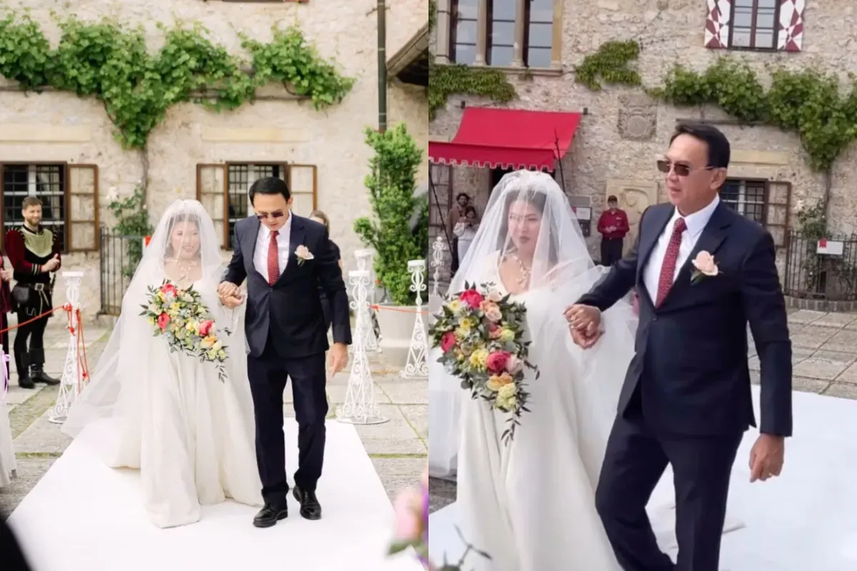 Potret Fifi Lety yang dituntun oleh Basuki Tjahaja Purnama atau Ahok saat hari pernikahan yang berlangsung pada 25 Mei 2025 di Gereja Bled Castle, Slovenia. (Sumber: Instagram/fifiletytjahajapurnama)