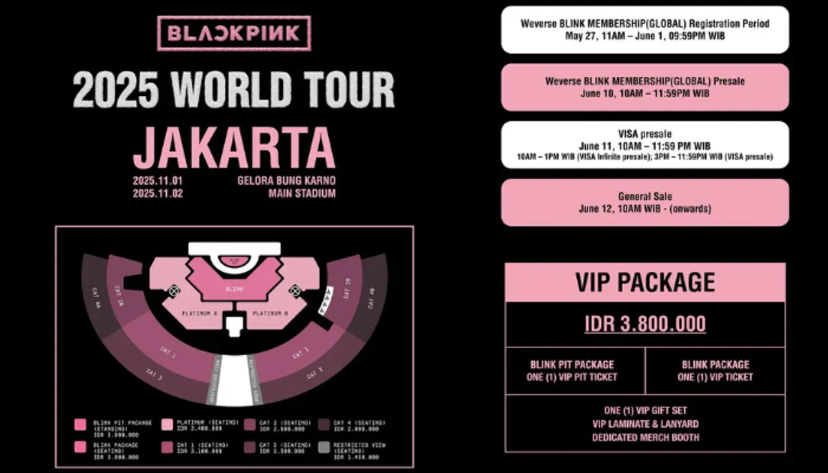 Panduan lengkap beli tiket BLACKPINK World Tour 2025 di Jakarta, jadwal konser 1-2 November, harga semua kategori. (Sumber: Instagram/@ime_indonesia)