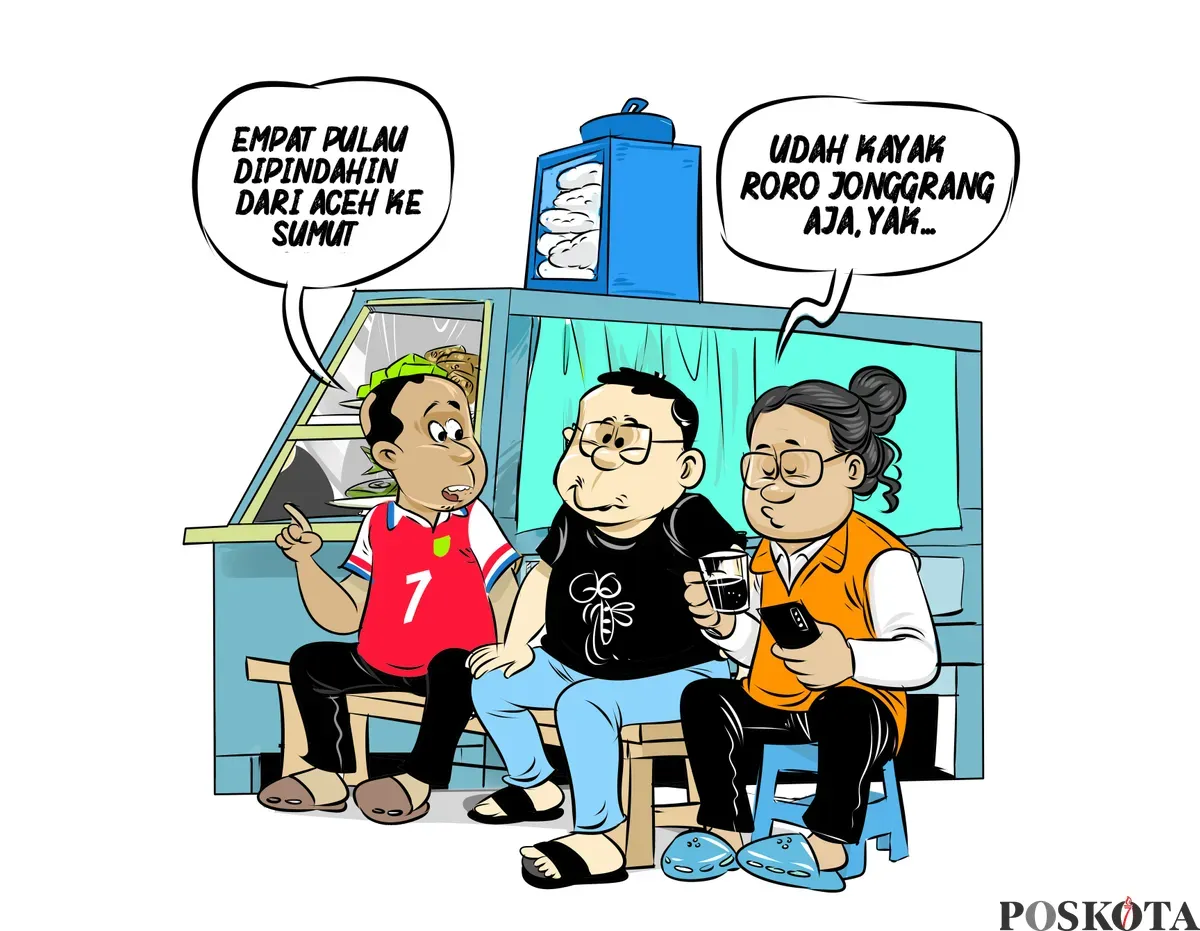 Tiga sekawan sedang berbincang santai di warteg membahas polemik pemindahan empat pulau dari Aceh ke Sumatera Utara. Obrolan mereka diselingi humor dengan membandingkan isu ini dengan kisah legenda Roro Jonggrang. (Sumber: Poskota/Arif Setiadi)