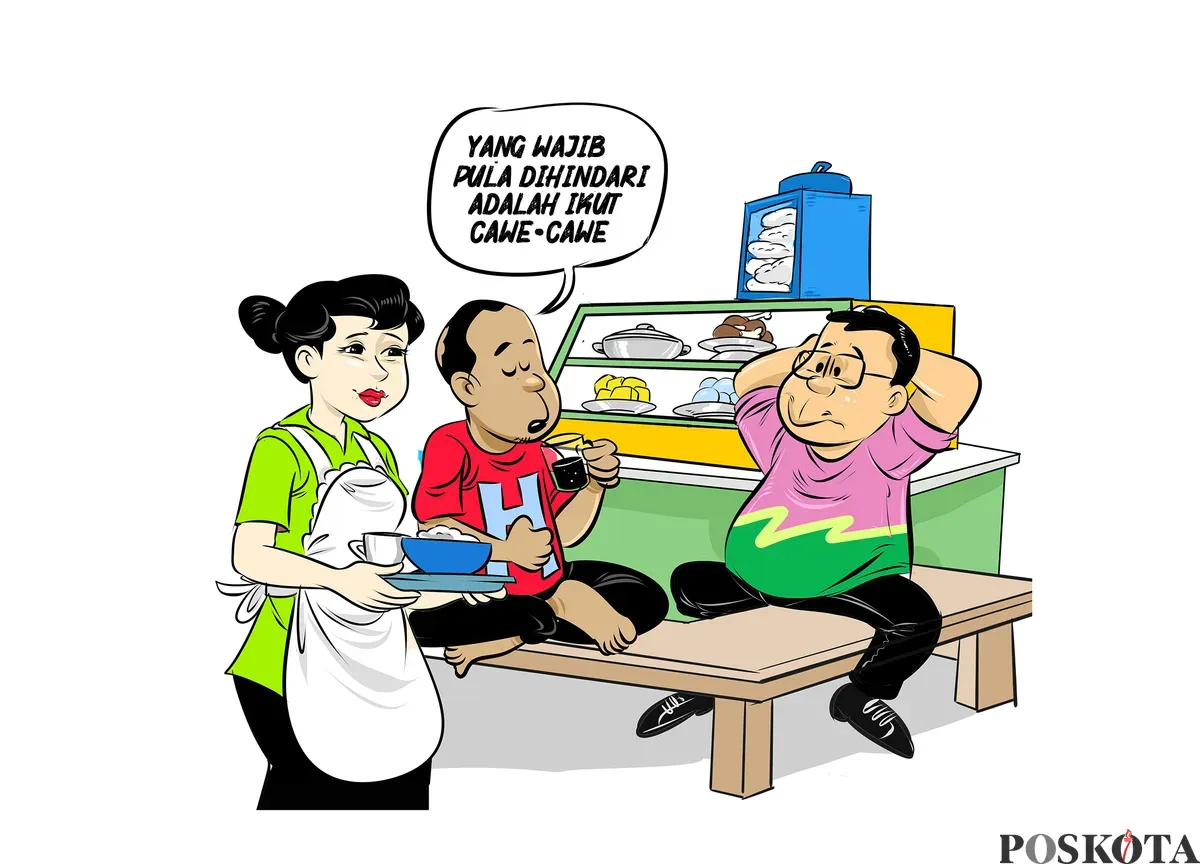 Ilustrasi obrolan santai sahabat di warteg. Seorang pria berbaju merah menyampaikan pandangan soal pentingnya menghindari ikut campur alias cawe-cawe dalam politik, sambil menikmati kopi hitam. (Sumber: Poskota/Arif Setiadi)