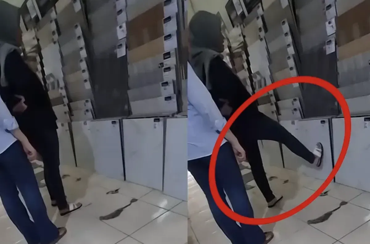 Potret pembeli keramik tunjuk pakai kaki viral, identitas customer songong diburu netizen TikTok. (Sumber: TikTok/@kangdennyofficial)