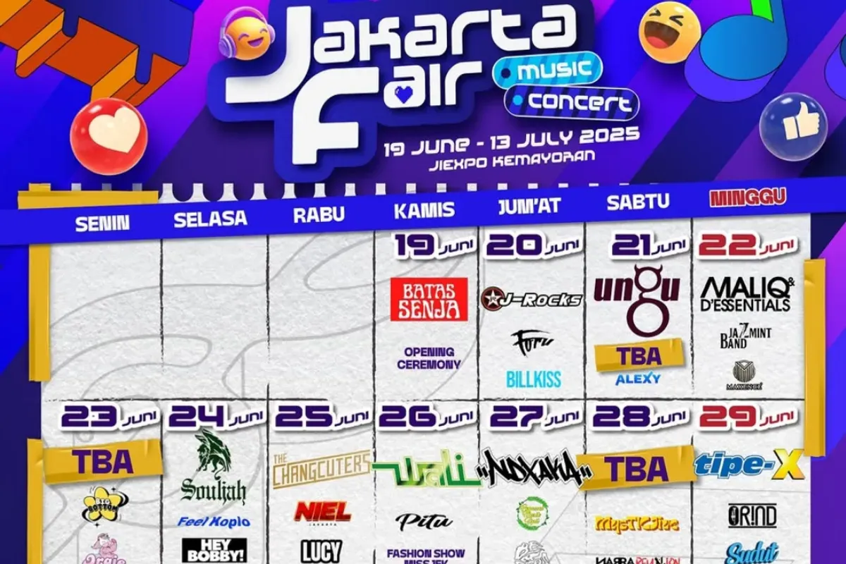 Jadwal konser musik Jakarta Fair Kemayoran dan daftar musisi yang hadir. (Sumber: Instagram/@jakartafairid)