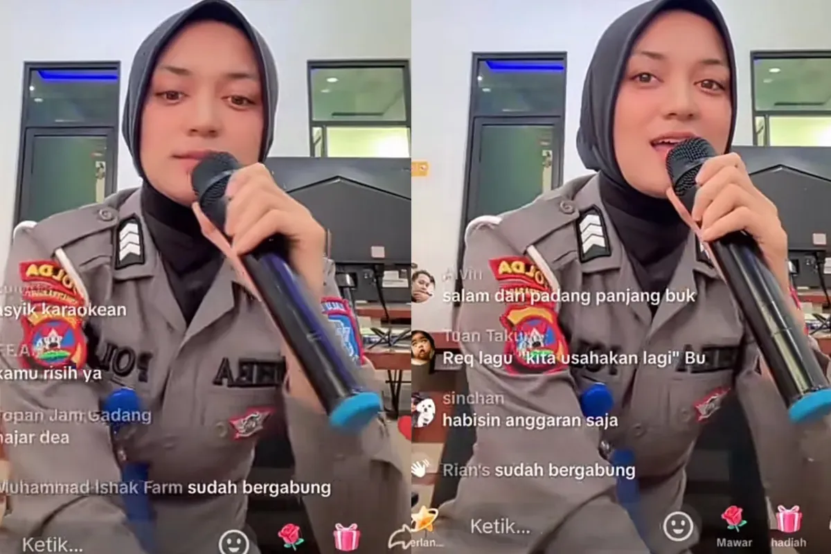 Sosok polwan yang viral lakukan live TikTok sambil nyanyi saat jam kerja. (Sumber: TikTok/@haris.james6)