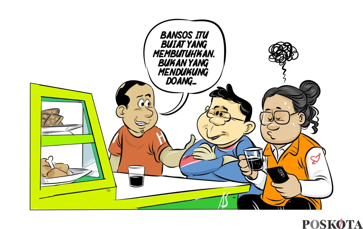 Ilustrasi obrolan warteg yang menyentil praktik tidak adil dalam penyaluran bantuan sosial (bansos) di desa. Seorang warga menyuarakan pendapat bahwa bansos seharusnya diberikan kepada yang membutuhkan. (Sumber: Poskota/Arif Setiadi)