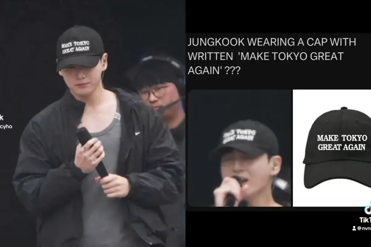 Potret Jungkook BTS yang disoroti oleh publik karena menggunakan topi dengan tulisan 'Make Tokyo Great Again'. (Sumber: TikTok/NVNCYHO)