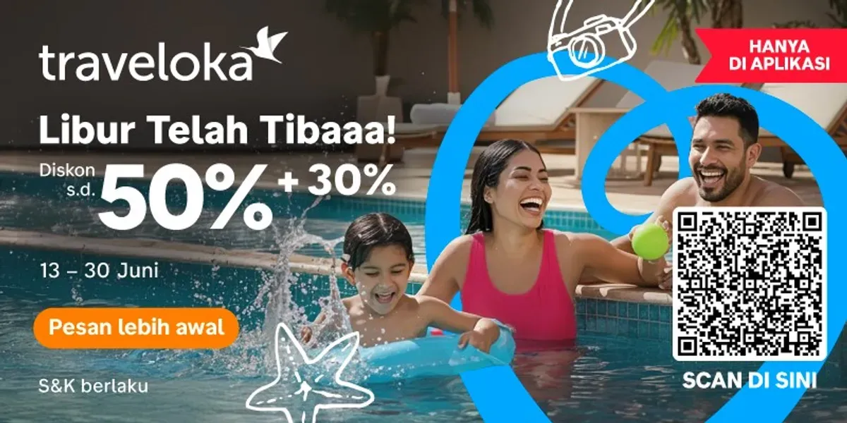 Ilustrasi - Nikmati liburan dalam suasana ceria. Traveloka menawarkan promo "Libur Telah Tibaaa!" dengan diskon hingga 50% + 30% khusus pemesanan melalui aplikasi, berlaku dari 13 hingga 30 Juni. (Sumber: Istimewa)