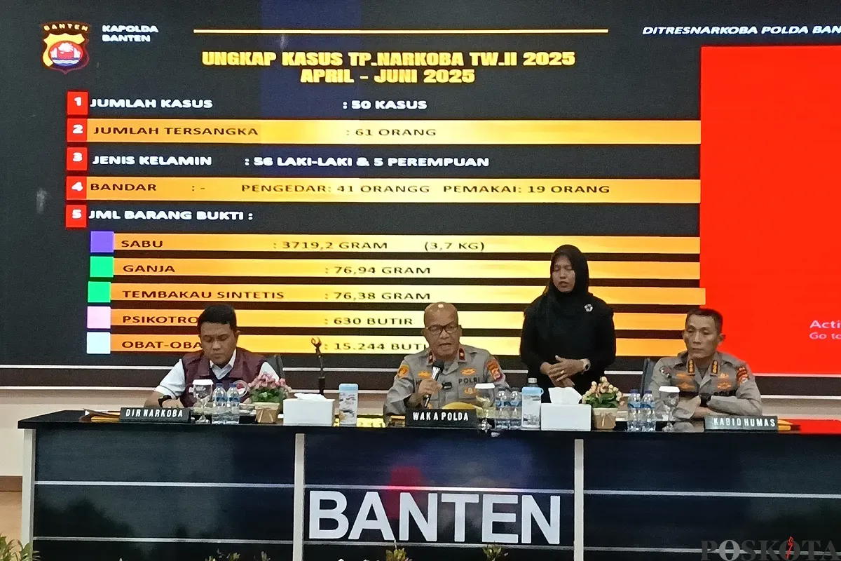 Wakapolda Banten Brigjen Pol Hengki didampingi Kabid Humas Kombes Didik Heriyanto dan Dirresnarkoba AKBP Wiwin Setiawan saat konferensi pers. (Sumber: POSKOTA | Foto: Rahmat Haryono)