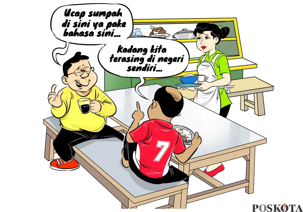 Dua pria bersantai di warteg menyindir penggunaan bahasa asing saat sumpah jabatan. Mereka menilai hal itu membuat warga merasa asing di negeri sendiri. (Sumber: Poskota/Arif Setiadi)
