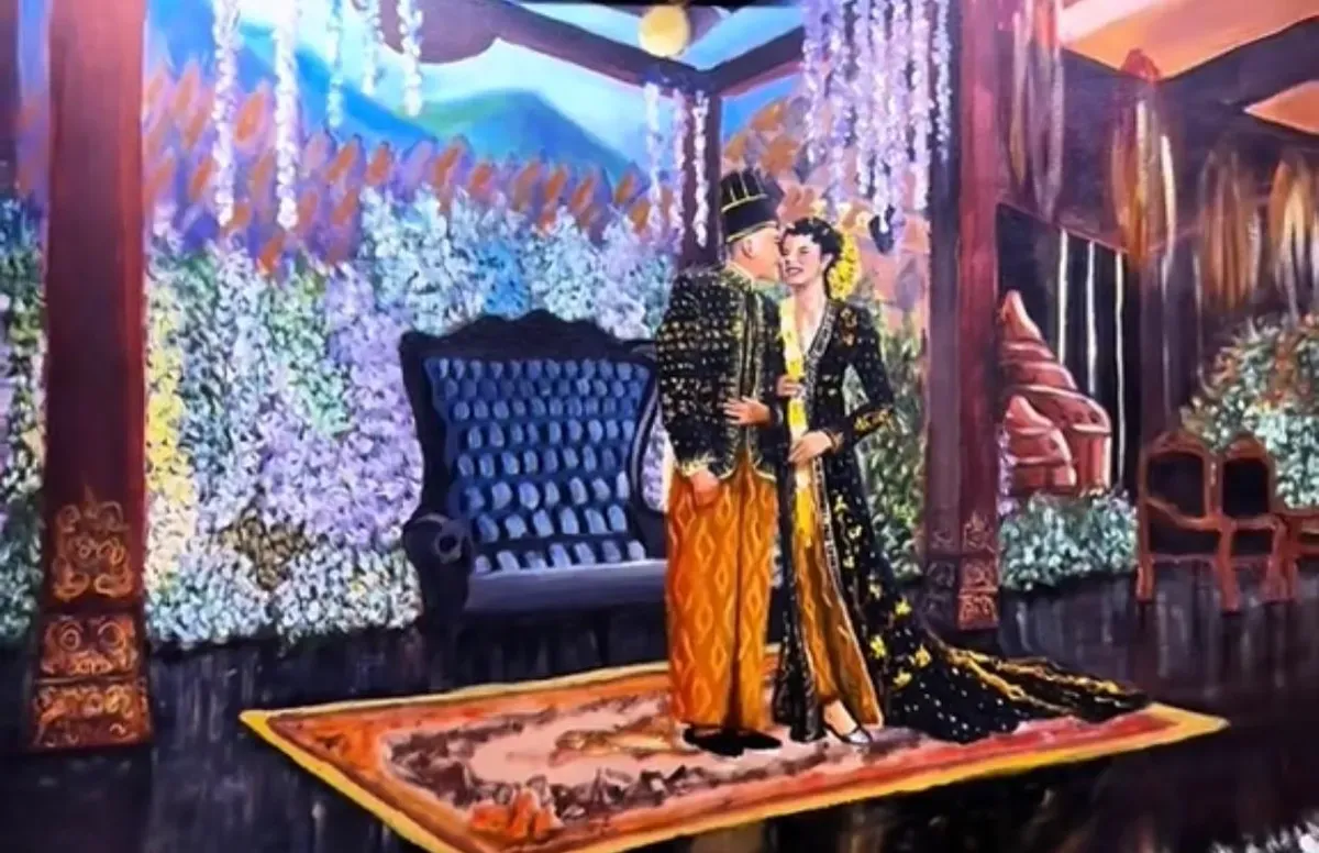 Lukisan live wedding di pesta ngunduh mantu Al Ghazali dan Alyssa Daguise. (Sumber: TikTok/@azmi_sketcher)