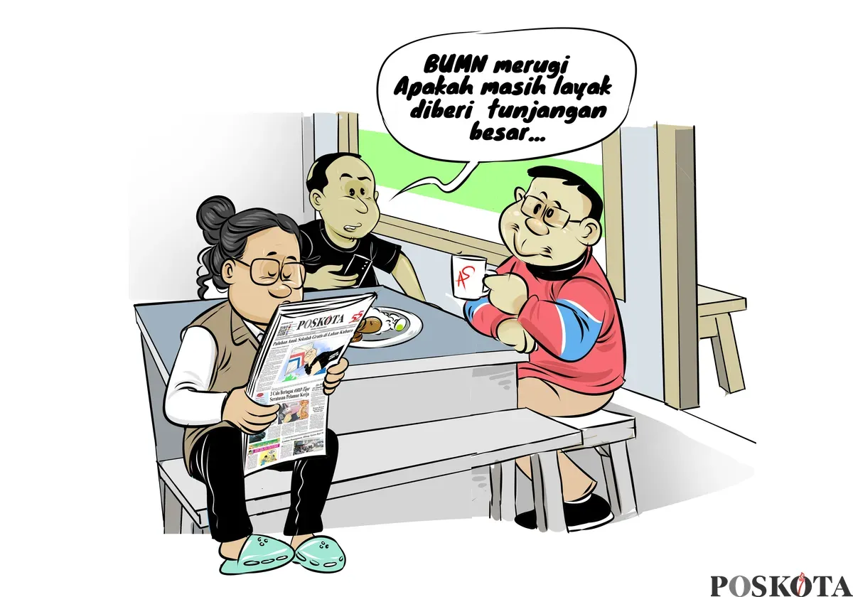 Warga berdiskusi santai di warteg sambil membaca berita di koran Poskota. Mereka mempertanyakan kelayakan tunjangan besar direksi BUMN yang merugi. (Sumber: Poskota/Arif Setiadi)