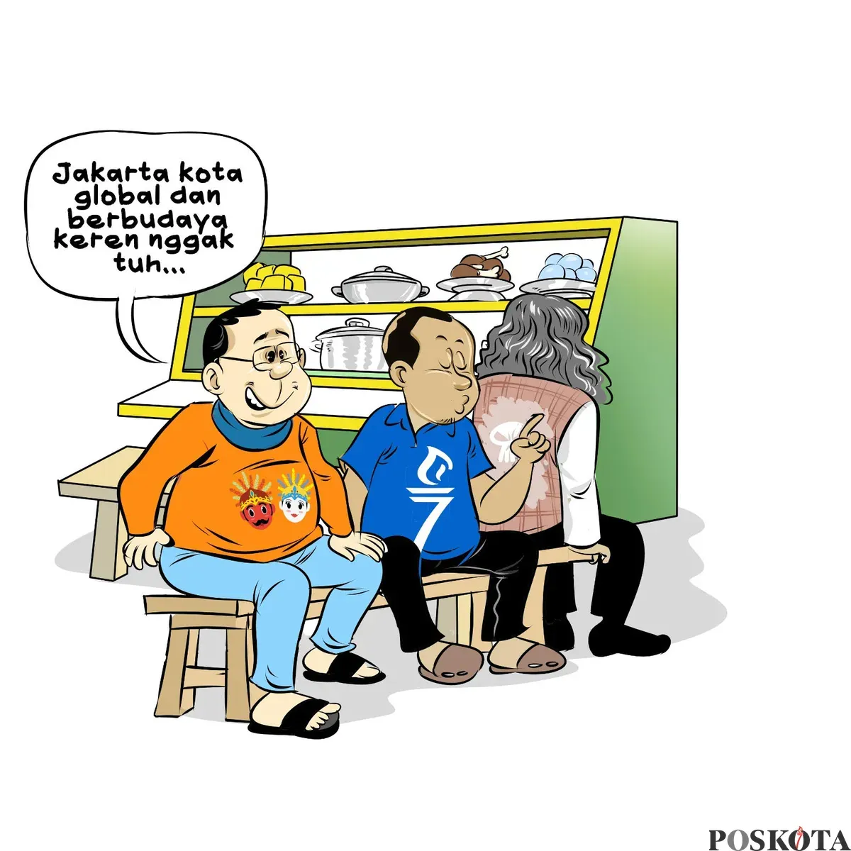 Tiga pria duduk santai di warteg sambil berbincang soal Jakarta yang disebut sebagai kota global dan berbudaya. Salah satu dari mereka tampak antusias menunjukkan kebanggaan. (Sumber: Poskota/Arif Setiadi)