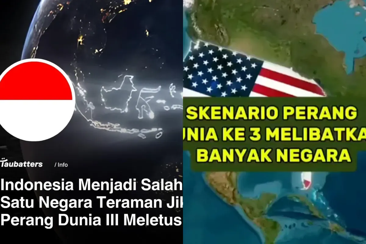 Ilustrasi muncul skenario perang dunia ketiga (WW3) dan menyebut Indonesia merupakan negara aman dari dampak peperangan tersebut. (Sumber: X/@randomable_)