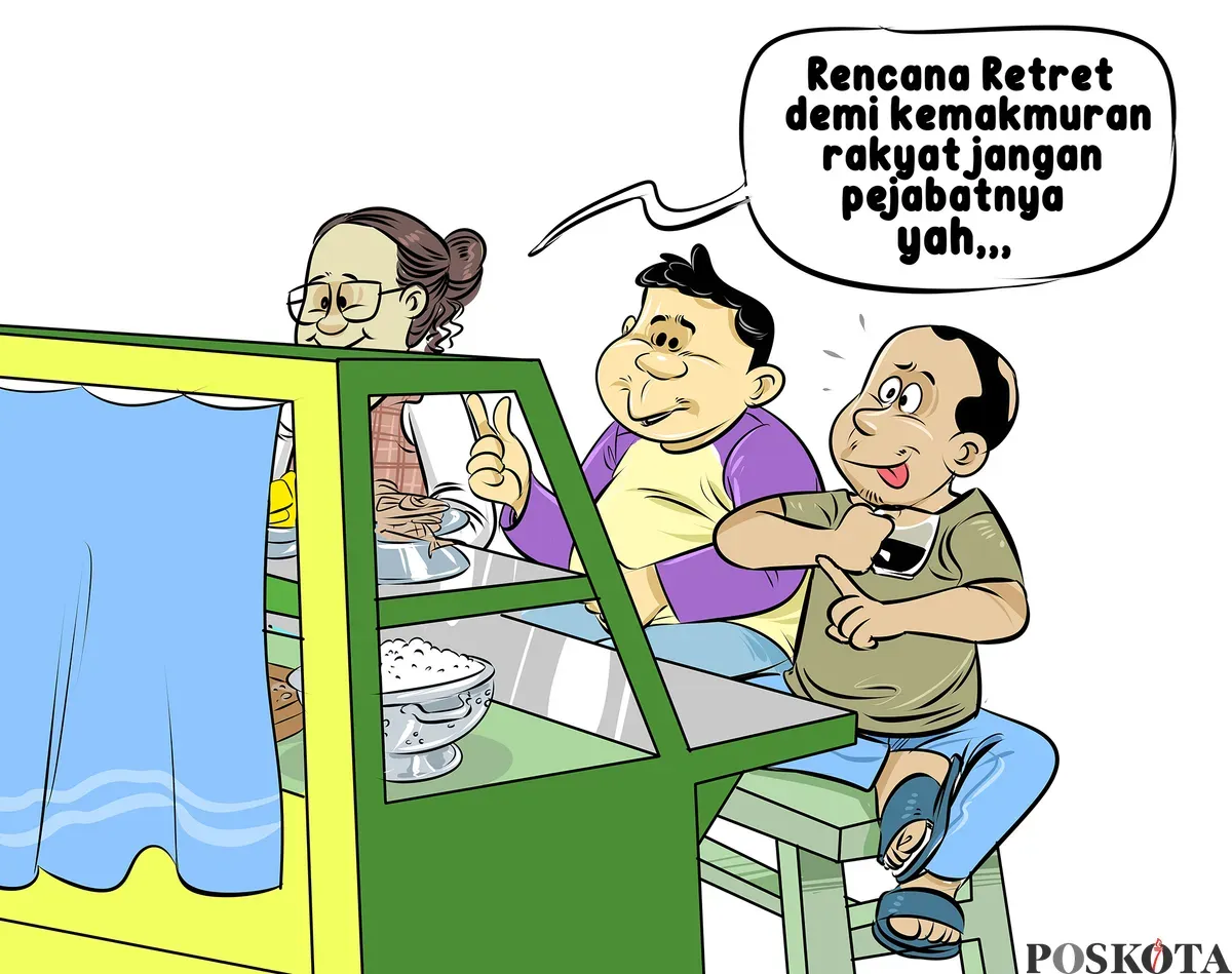 Tiga warga duduk santai di warteg sambil membahas rencana retret pejabat. Salah satu dari mereka menyindir, berharap program tersebut benar-benar untuk rakyat, bukan demi kenyamanan pejabat. (Sumber: Poskota/Arif Setiadi)