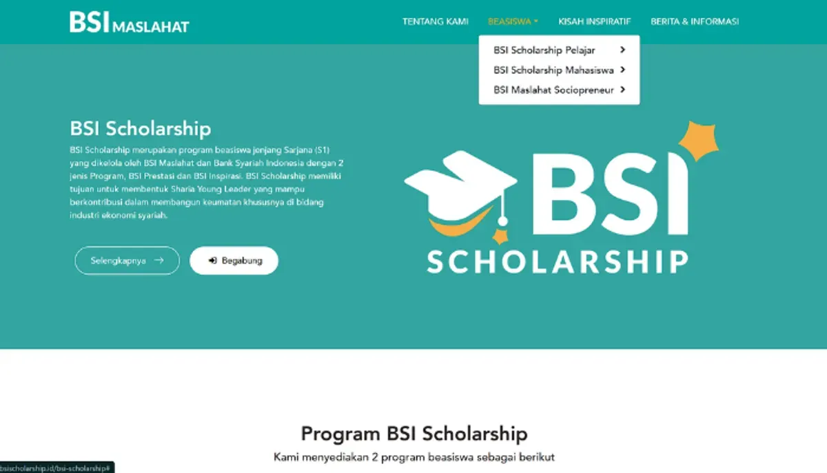 BSI Scholarship 2025 buka pendaftaran! Dapatkan bantuan UKT 2 tahun, pelatihan kepemimpinan, dan magang di bank syariah. Daftar sebelum 29 Juni! (Sumber: bsischolarship.id)