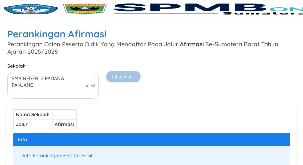 Link pengumuman hasil SPMB Sumbar 2025 (Sumber: SPMB Sumbar)