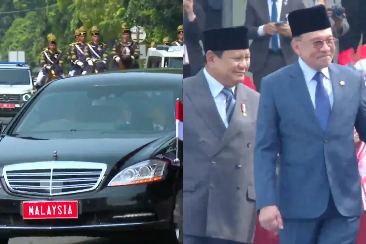 Tangkapan Layar. Kedatangan PM Malaysia Anwar Ibrahim disambut meriah oleh Presiden Prabowo Subianto. Dikawal pasukan berkuda dan disambut ratusan pelajar. (Sumber: YouTube/Sekretariat Presiden)