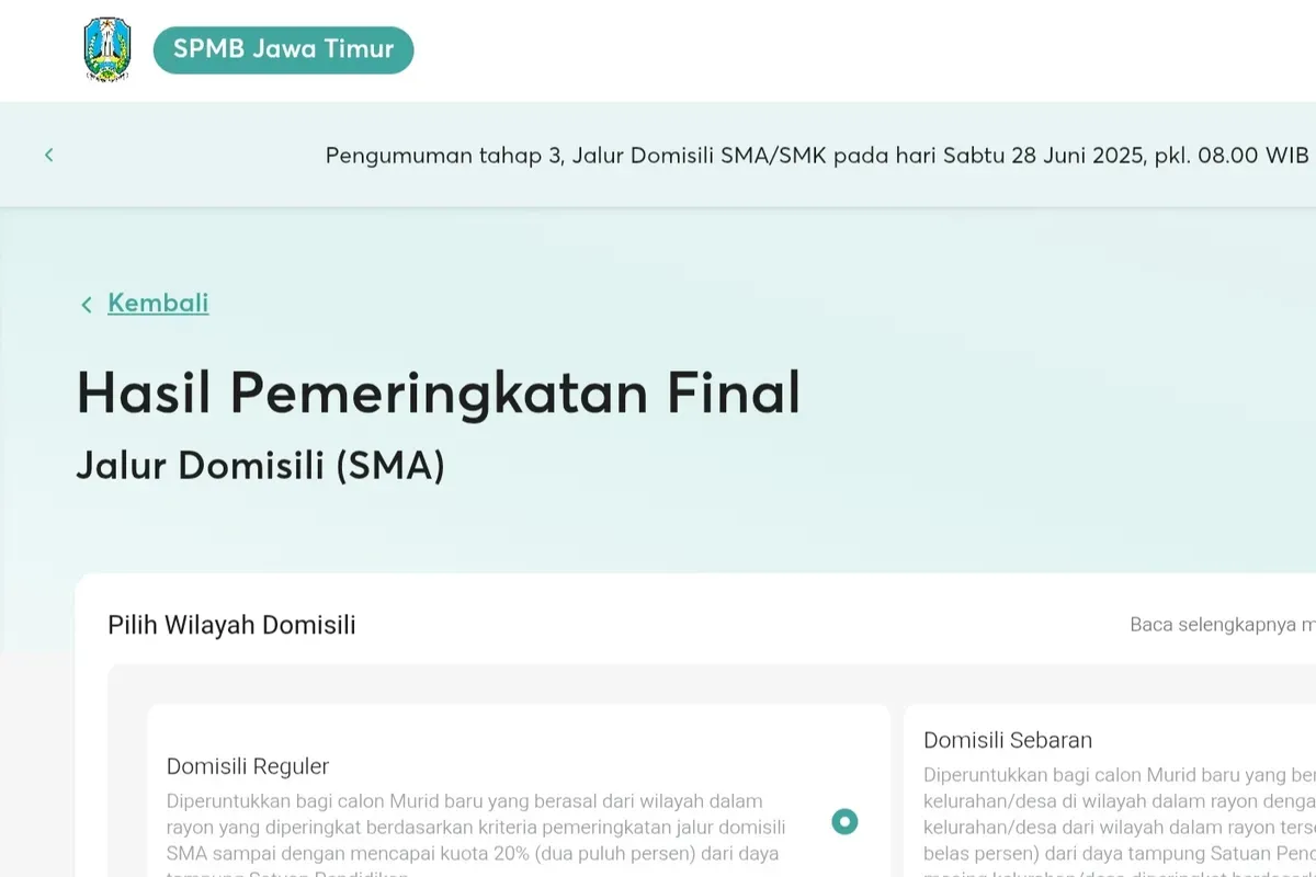 Cek pengumuman kelulusan SPMB Jatim 2025 Tahap 3 lewat Jalur Domisili. (Sumber: Website/spmbjayim.net)