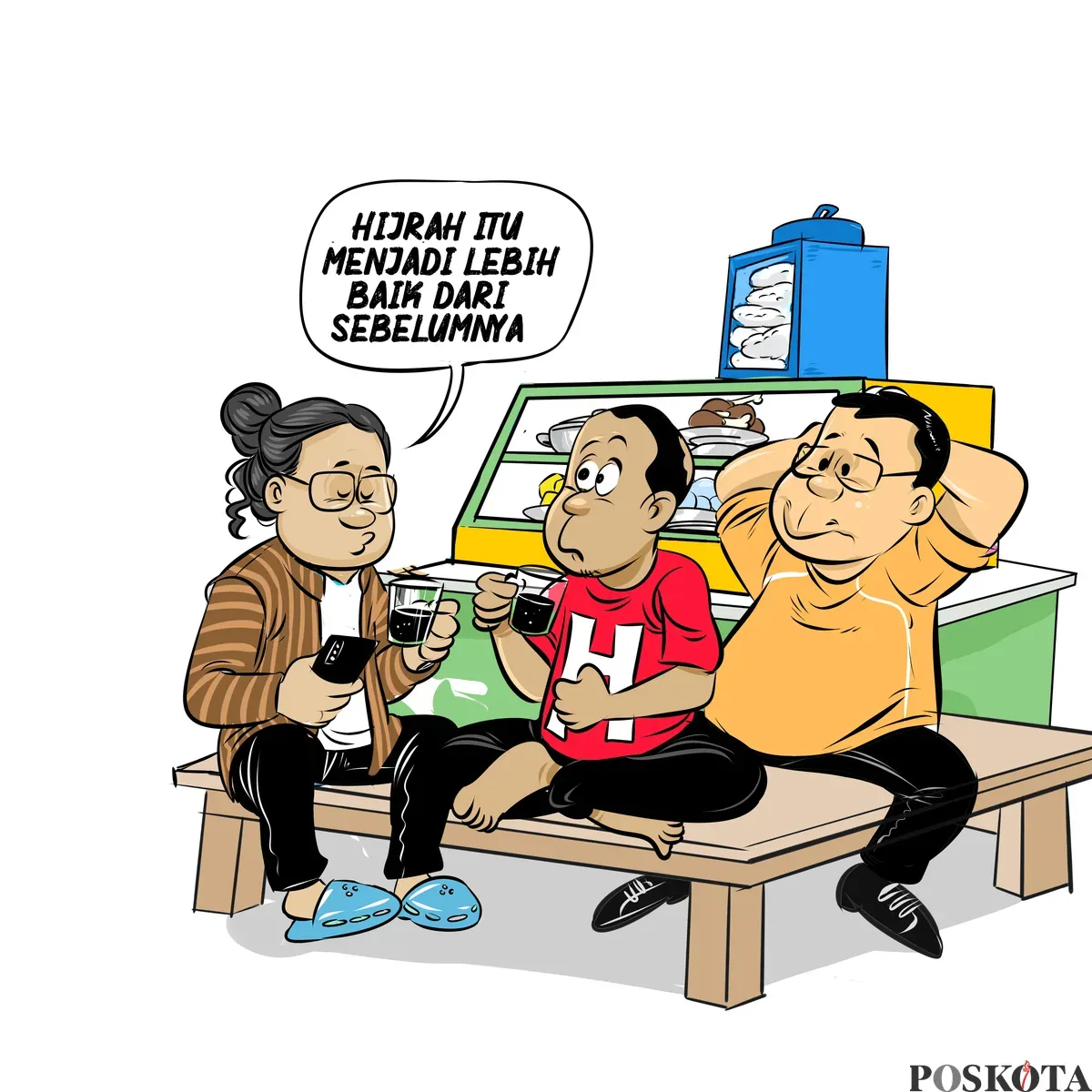Tiga pria tengah berbincang santai di warteg sambil menikmati kopi dan membahas makna hijrah. Salah satu dari mereka menyampaikan bahwa hijrah berarti menjadi lebih baik dari sebelumnya. (Sumber: Poskota/Arif Setiadi)